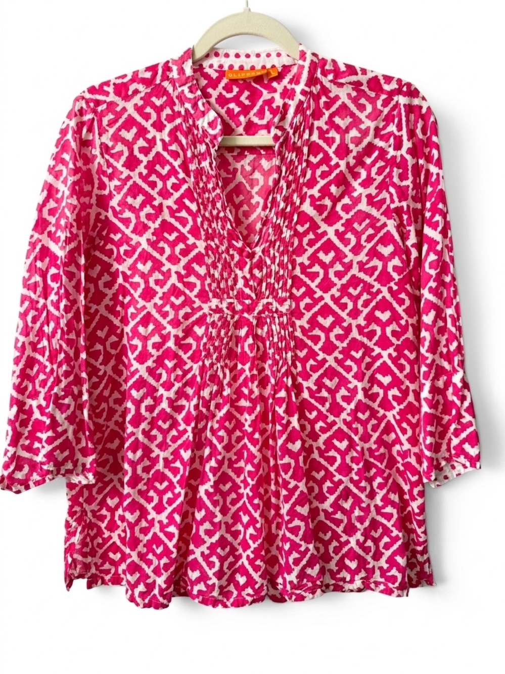 Oliphant Pink White Ikat Geometric Pintuck Blouse Top Tunic Cotton Voile L